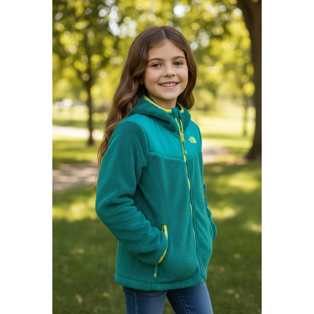 The North Face Girls Fleece Hooded Jacket Teal Yellow XL 18 Kids